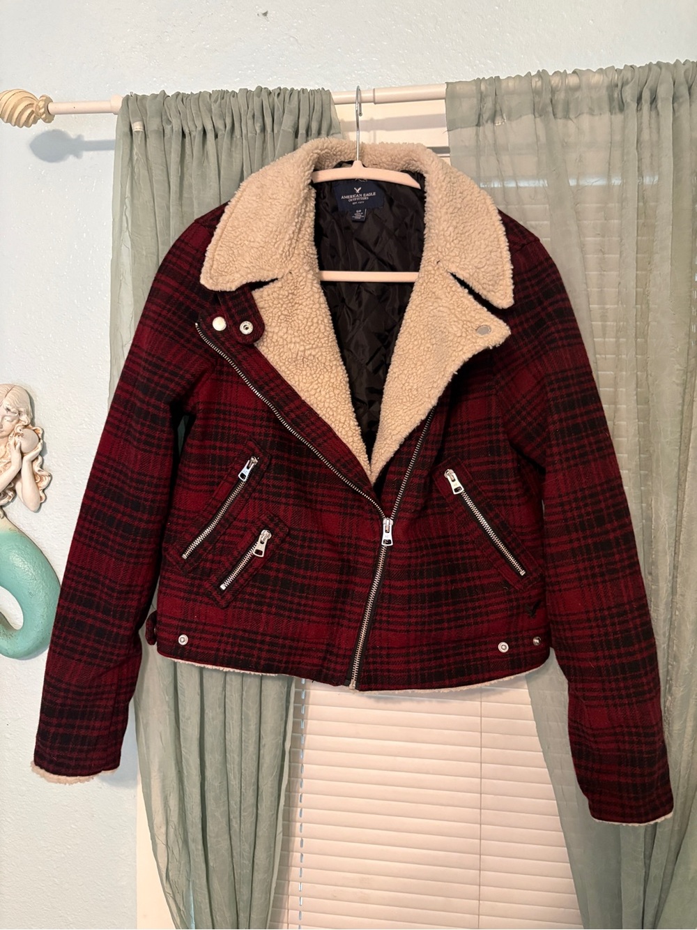 American Eagle Outfitters Red Plaid Sherpa Moto Jacket